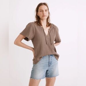 Madewell Women's Pointelle Knit Tie Neck Tunic Top Shirt Short Sleeve Size Large